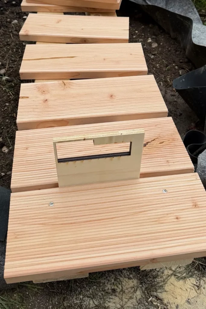 Kleines Holzbrett als Abstandshalter zwischen den Dielen des Sumpfbeet-Stegs