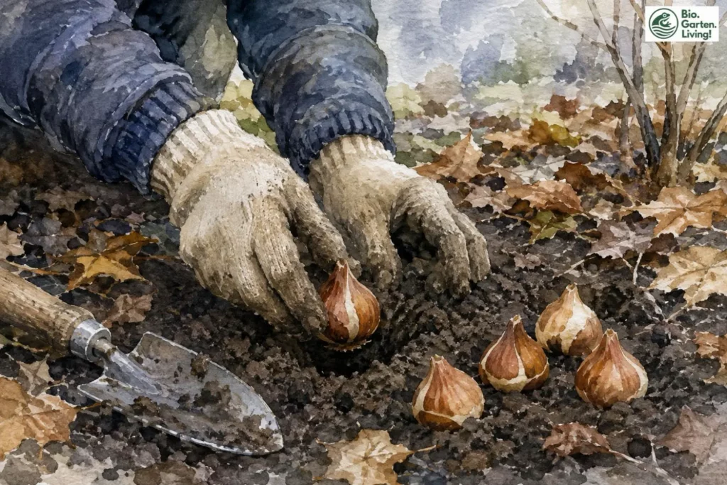 Aquarell vom Pflanzen mehrerer Tulpenzwiebeln im späten Herbst