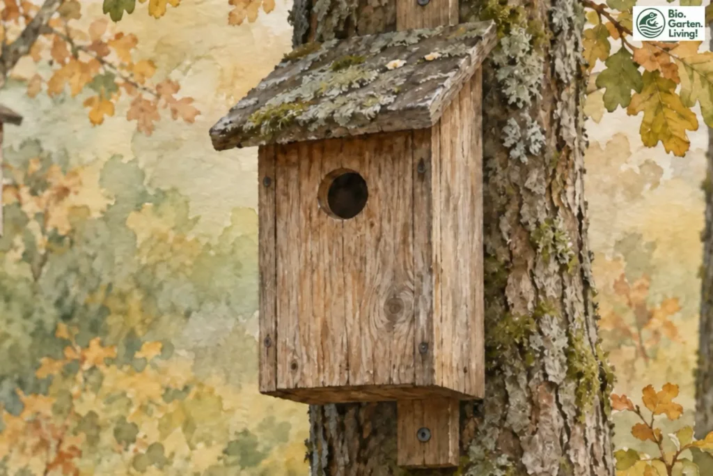 Hölzerner Vogelnistkasten an einem Baum im herbstlichen Garten, Aquarell