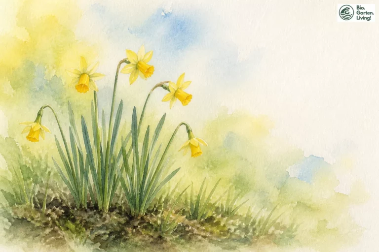 Aquarell der Wilden Narzisse (Narcissus pseudonarcissus subsp. lobularis) mit gelben Blüten.