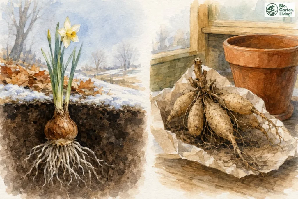 Aquarell zum Vergleich winterharter Frühlingsblüher und frostempfindlicher Knollen
