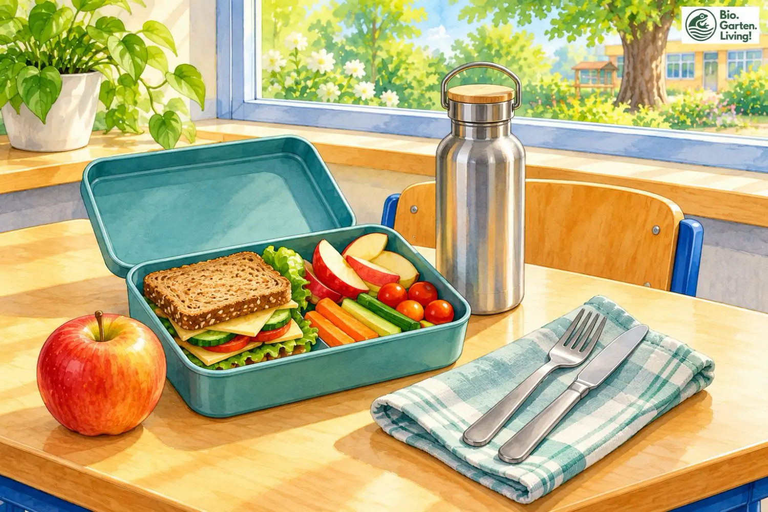 Abfallfreie Brotzeit mit Brotdose, Trinkflasche und Stoffserviette