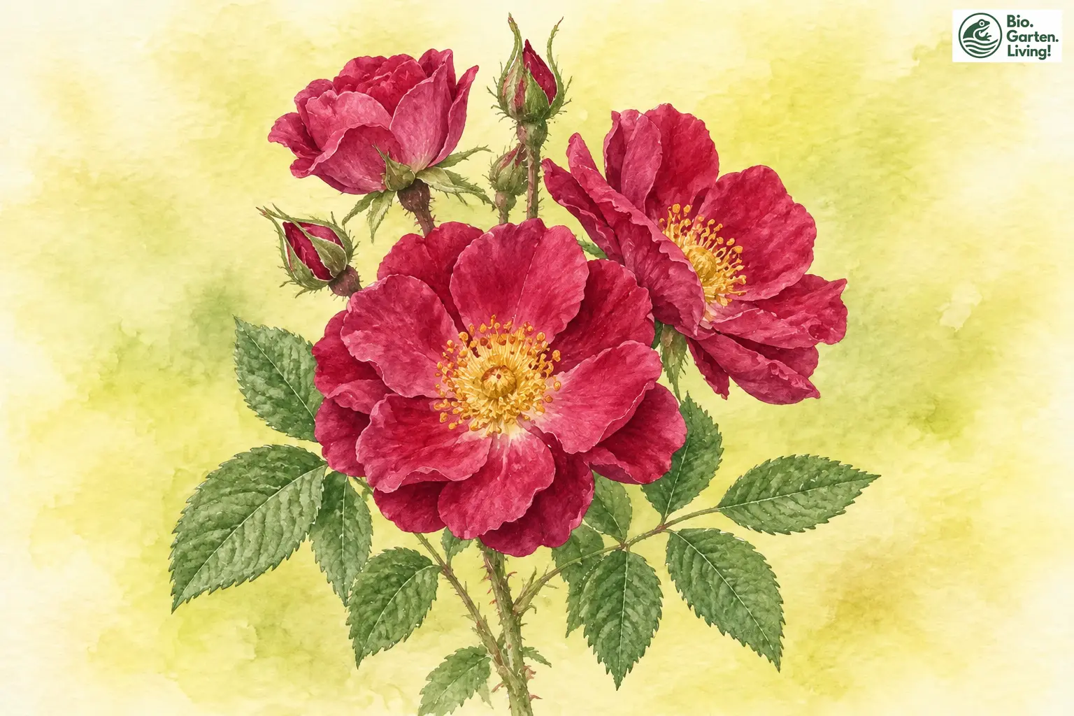 Aquarell der Apothekerrose mit roten, halbgefüllten Blüten und sichtbaren gelben Staubgefäßen