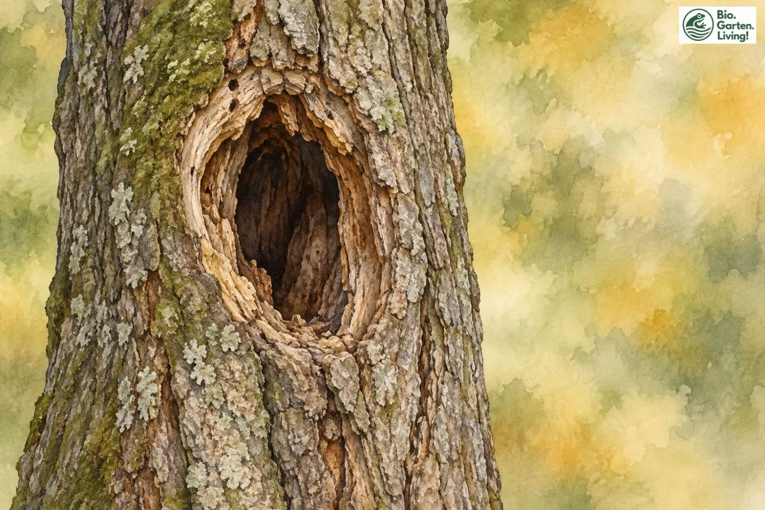 Aquarell einer natürlichen Höhle im Stamm eines alten Baums als möglicher Nistplatz für Hornissen