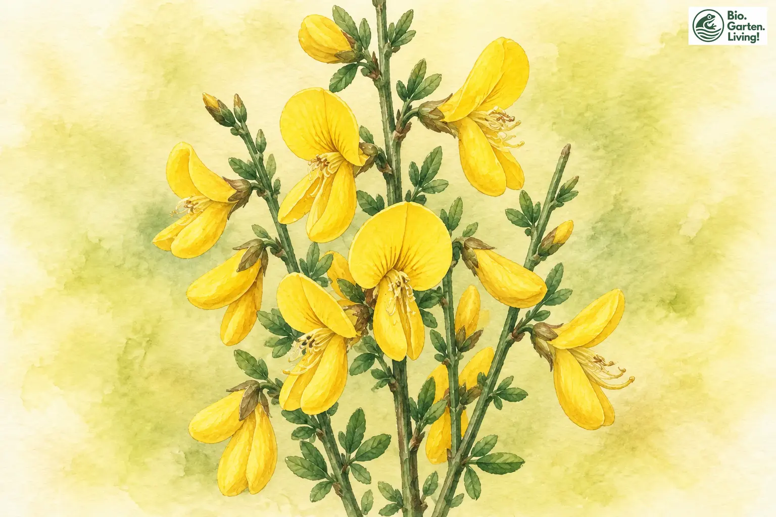 Aquarell des Besenginsters mit leuchtend gelben Schmetterlingsblüten an grünen Trieben