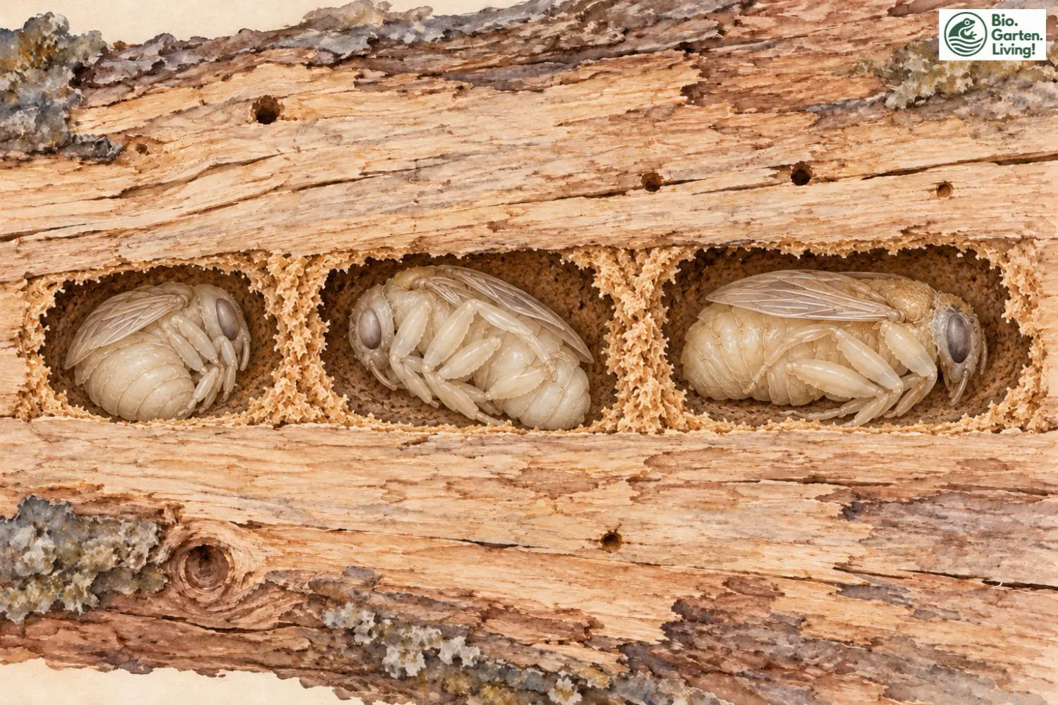 Puppen der Blauen Holzbiene in getrennten Brutzellen im Totholz