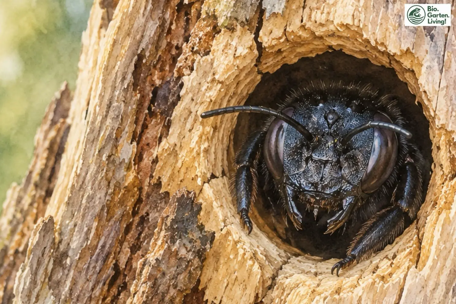 Blaue Holzbiene schaut aus einem Nistgang im Totholz