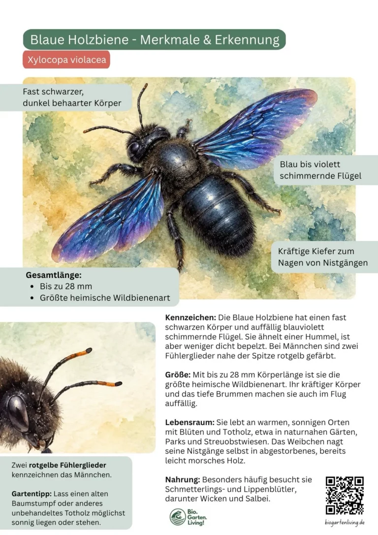 Steckbrief der Blauen Holzbiene mit fast schwarzem Körper, blauviolett schimmernden Flügeln und ihren wichtigsten Erkennungsmerkmalen.
