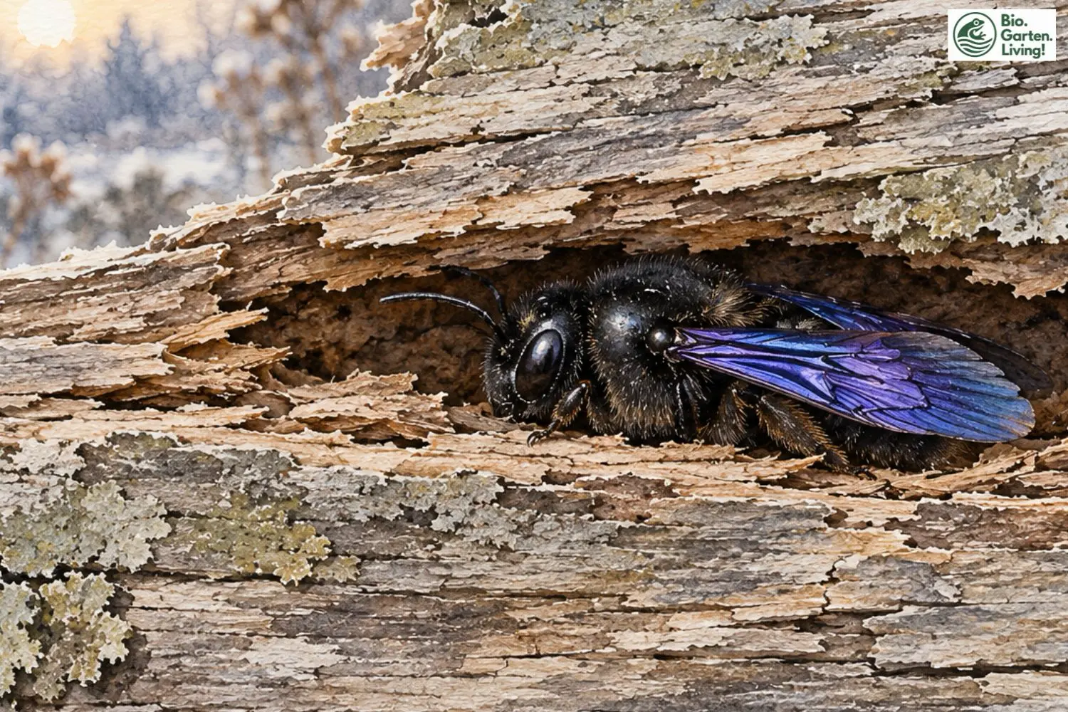Blaue Holzbiene überwintert geschützt in einem Holzspalt