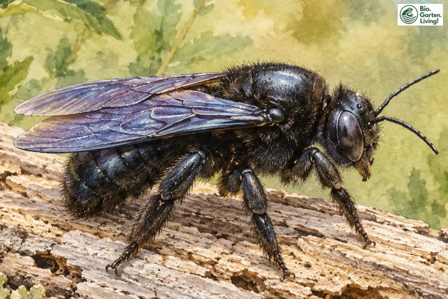 Blauschwarze Holzbiene (Xylocopa violacea) in Seitenansicht auf Totholz