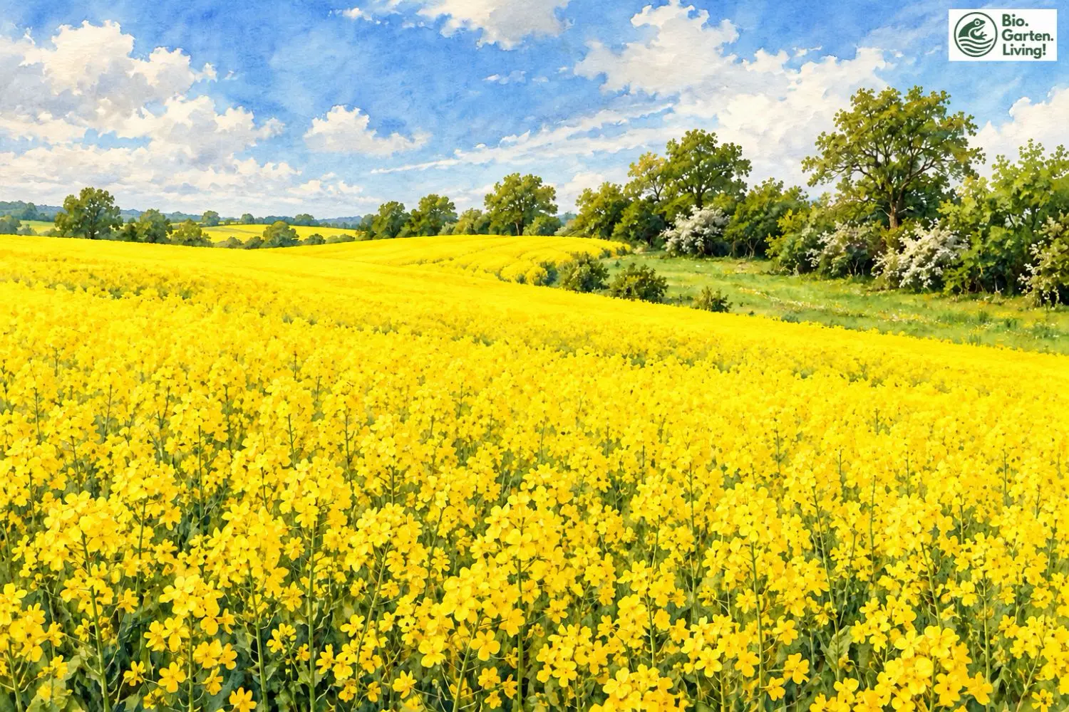 Dicht blühendes gelbes Rapsfeld mit Hecke und Baumreihe am Feldrand