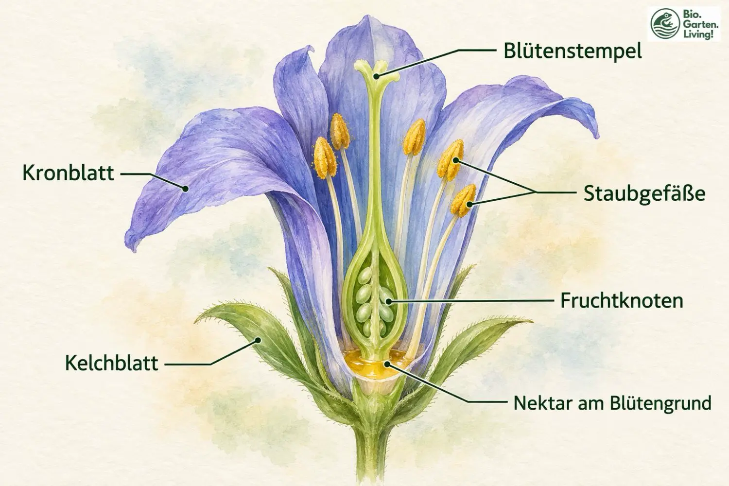 Beschrifteter Aufbau einer Blüte mit Blütenstempel, Staubgefäßen und Nektar