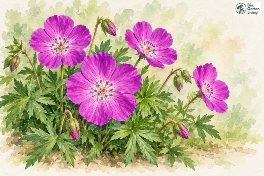 Blutroter Storchschnabel mit purpurroten Blüten und tief geteilten grünen Blättern als Aquarellillustration