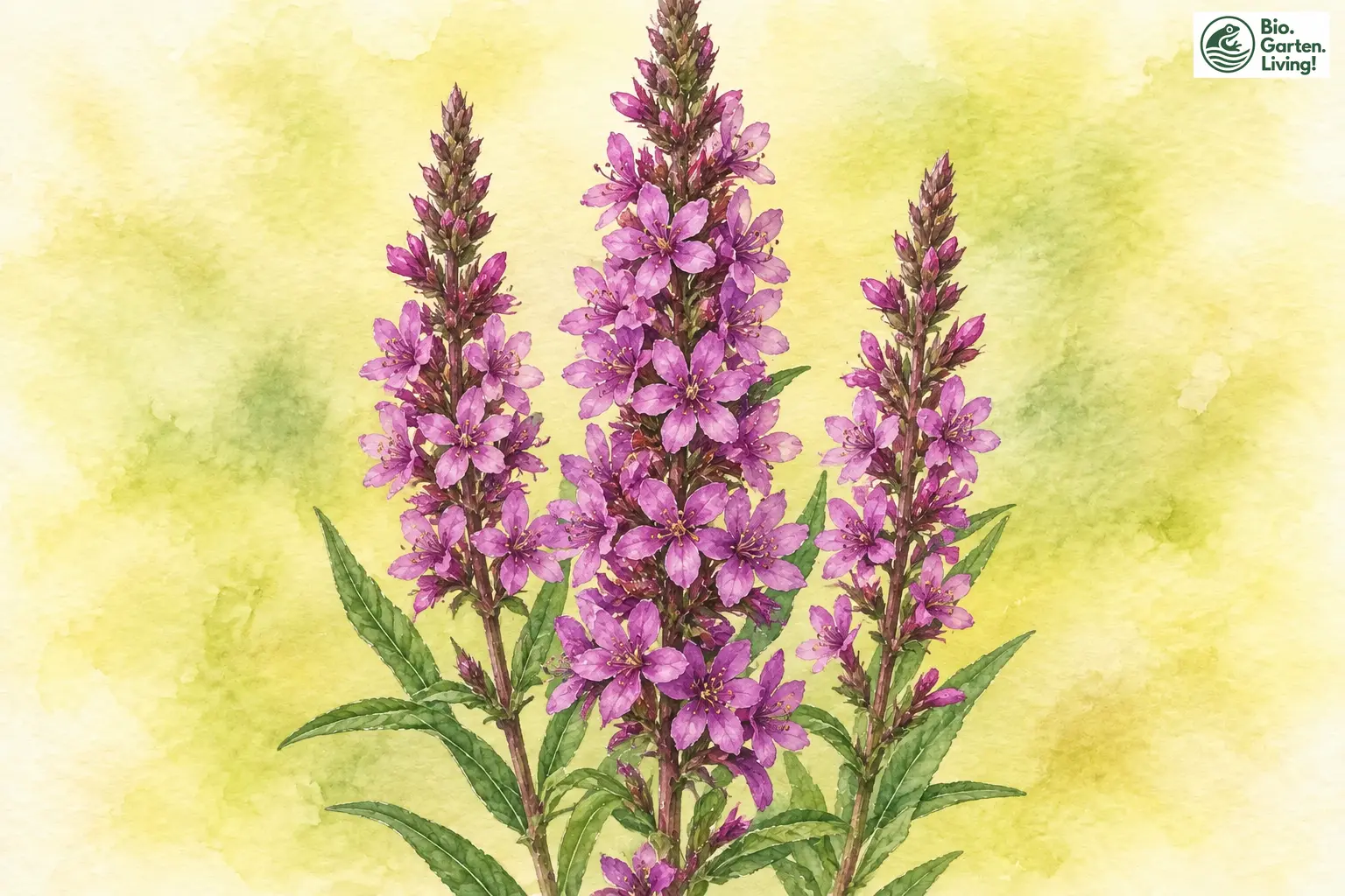 Aquarell des Blutweiderichs mit aufrechten, pinkvioletten Blütenähren