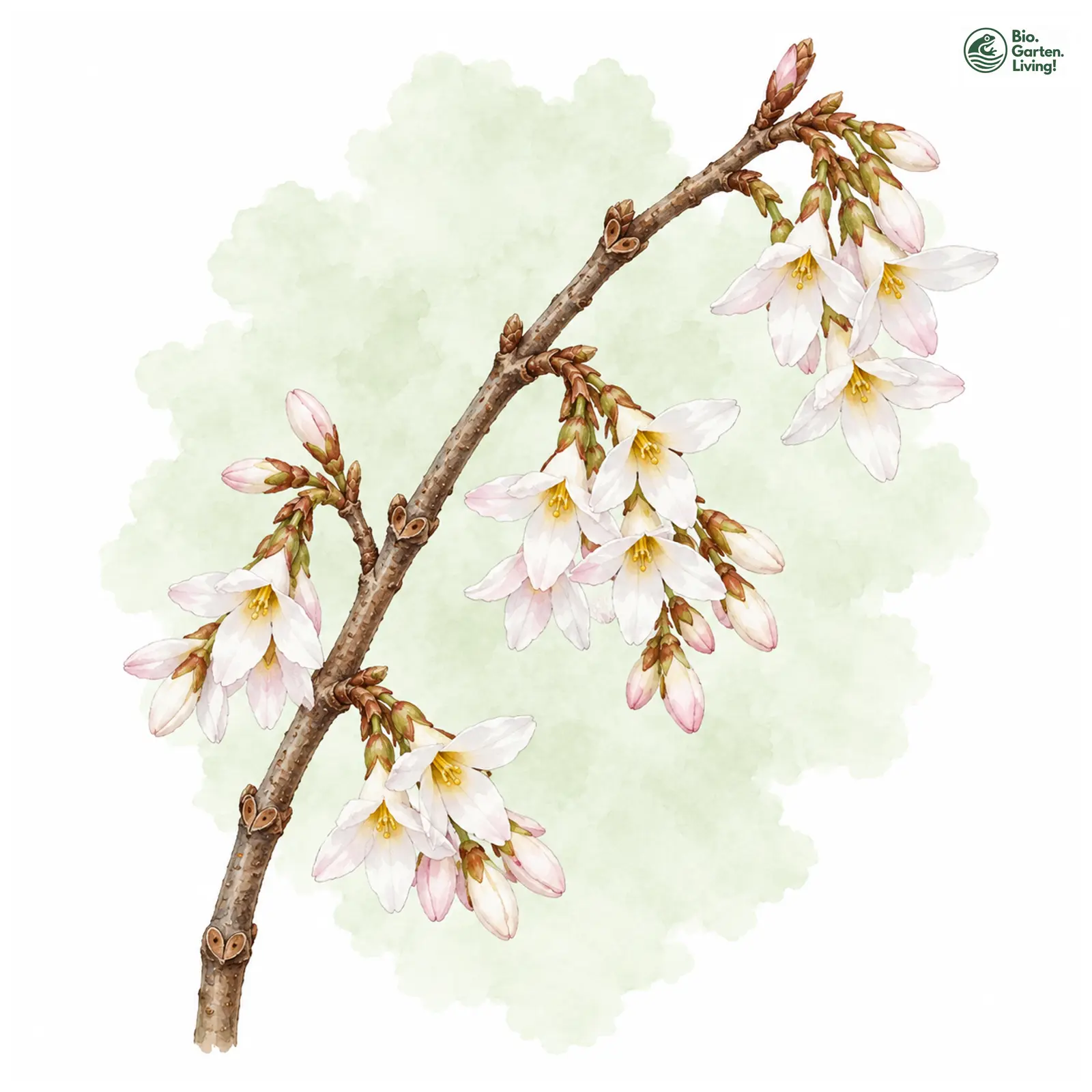 Aquarellzeichnung: Schneeforsythie (Abeliophyllum distichum)