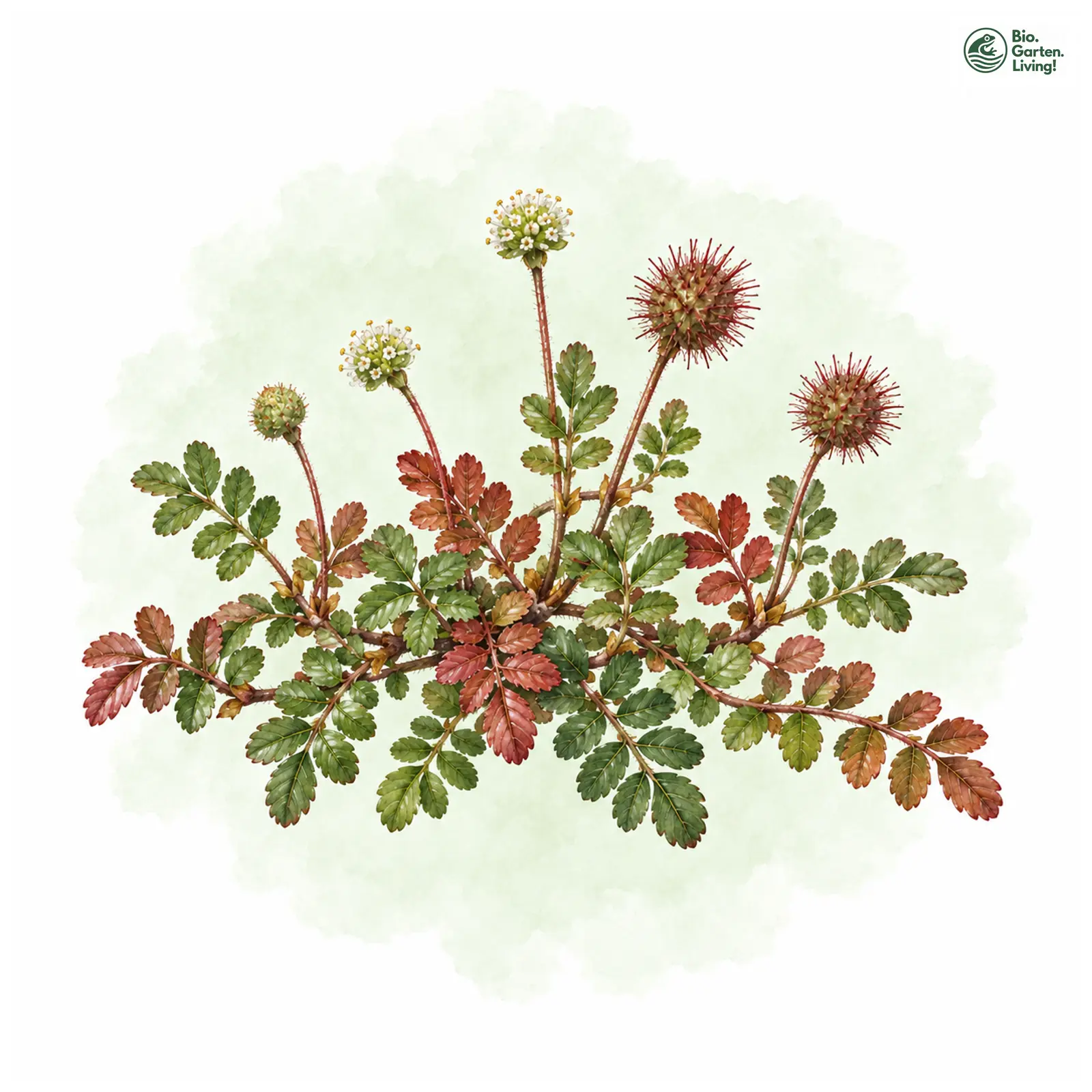 Aquarellzeichnung: Braunblättriges Stachelnüsschen (Acaena microphylla)