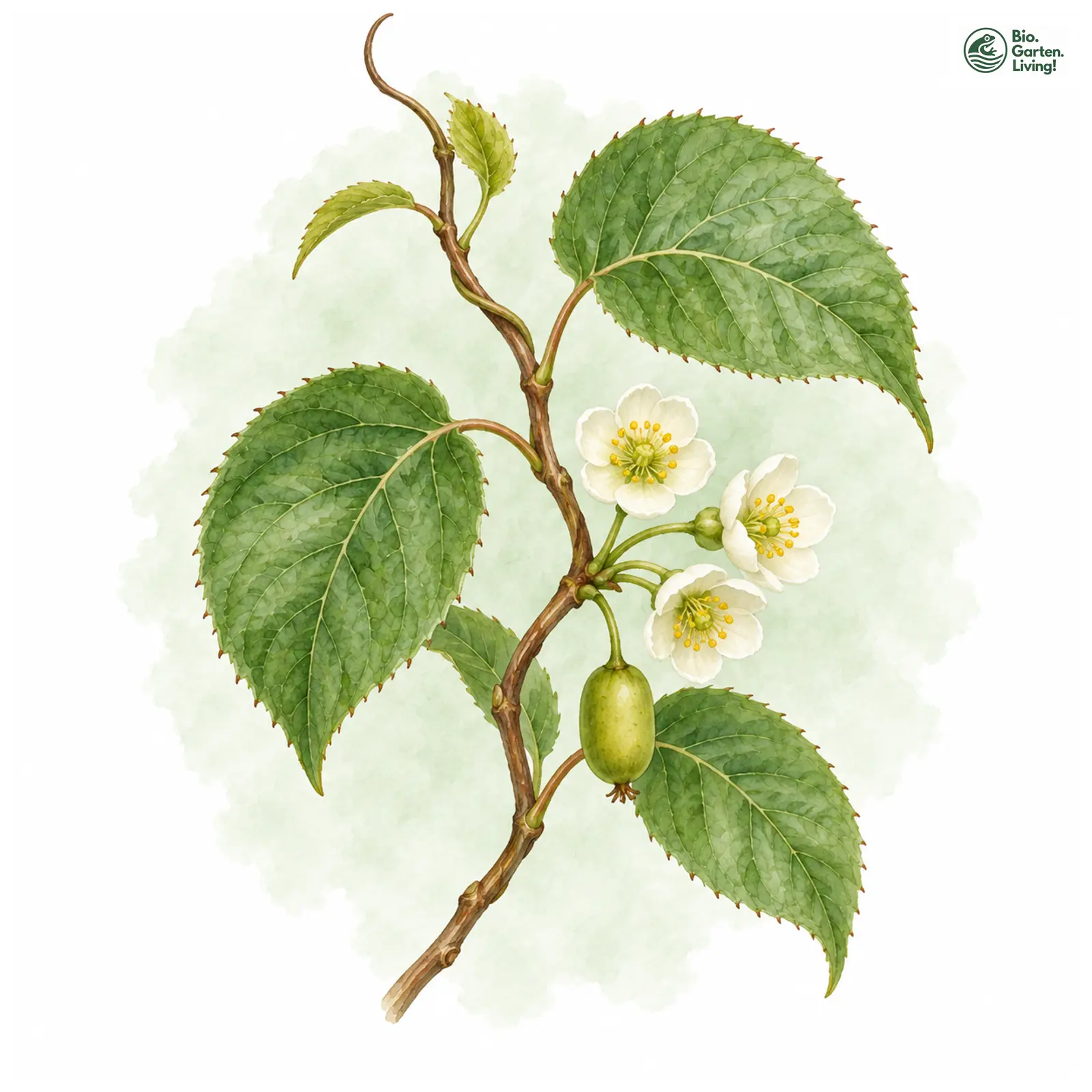 Aquarellzeichnung: Scharfzähniger Strahlengriffel (Actinidia arguta)