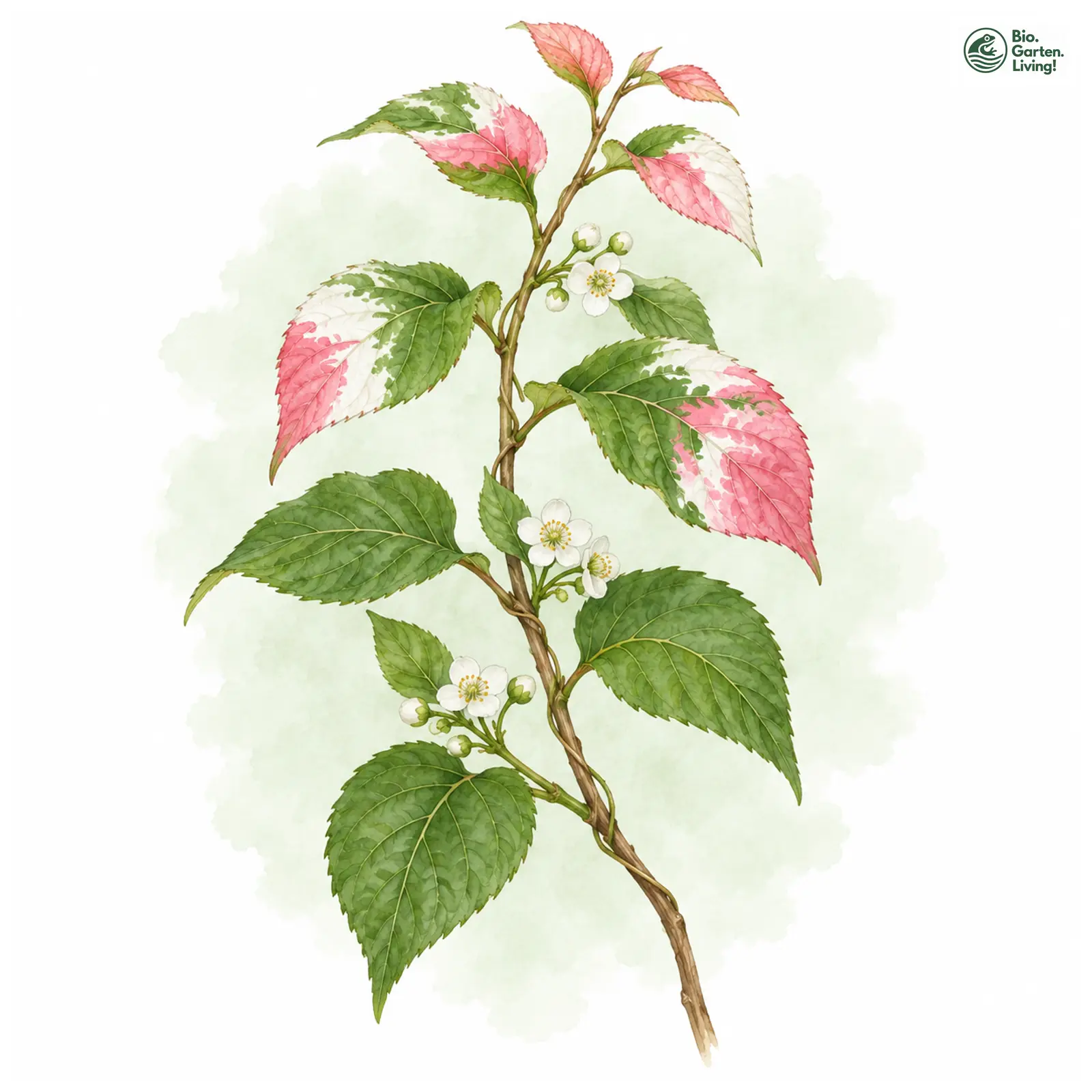 Aquarellzeichnung: Bunter Strahlengriffel (Actinidia kolomikta)