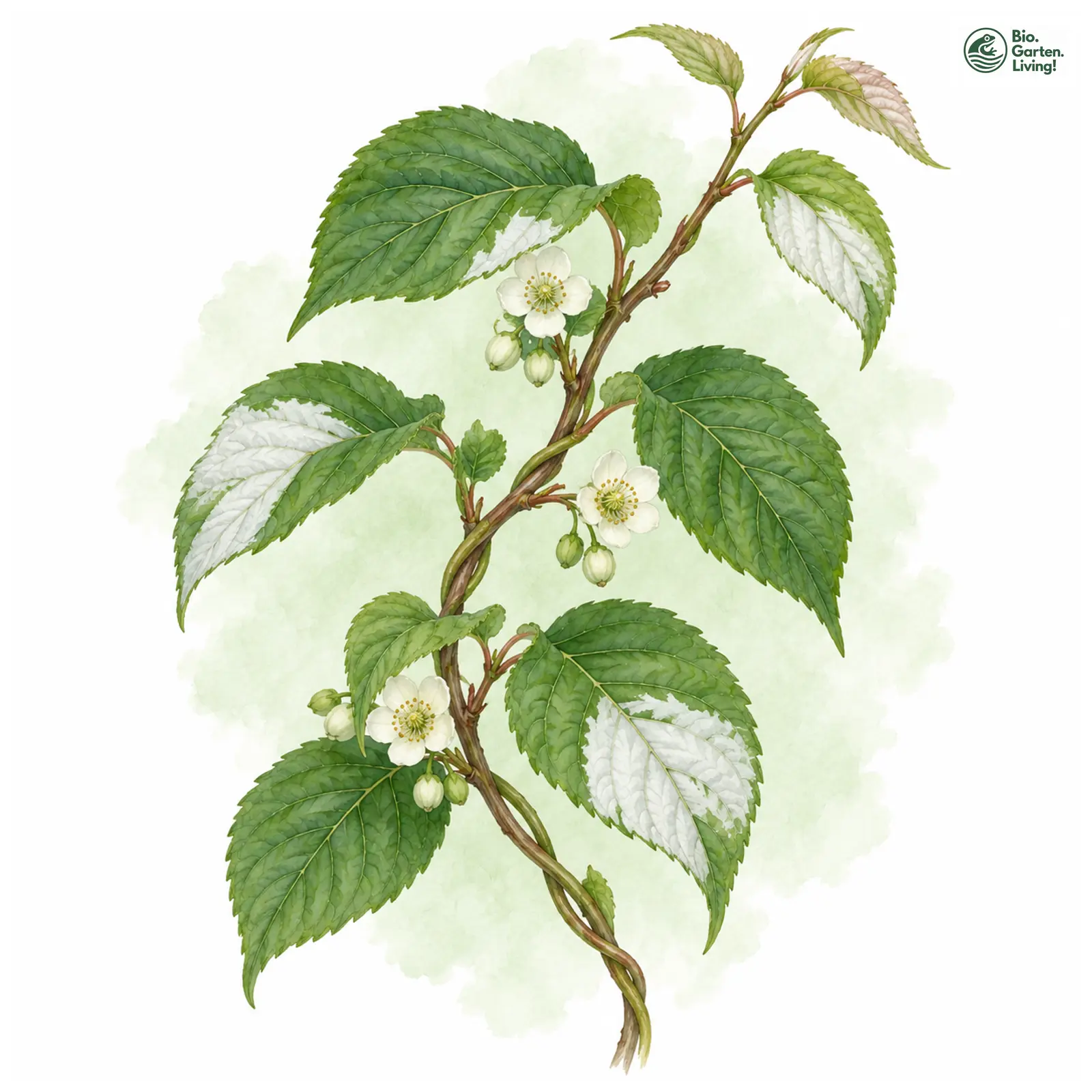 Aquarellzeichnung: Japanischer Strahlengriffel (Actinidia polygama)