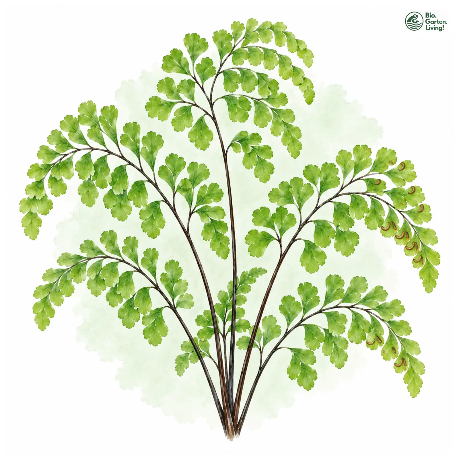 Aquarellzeichnung: Frauenhaarfarn (Adiantum pedatum)