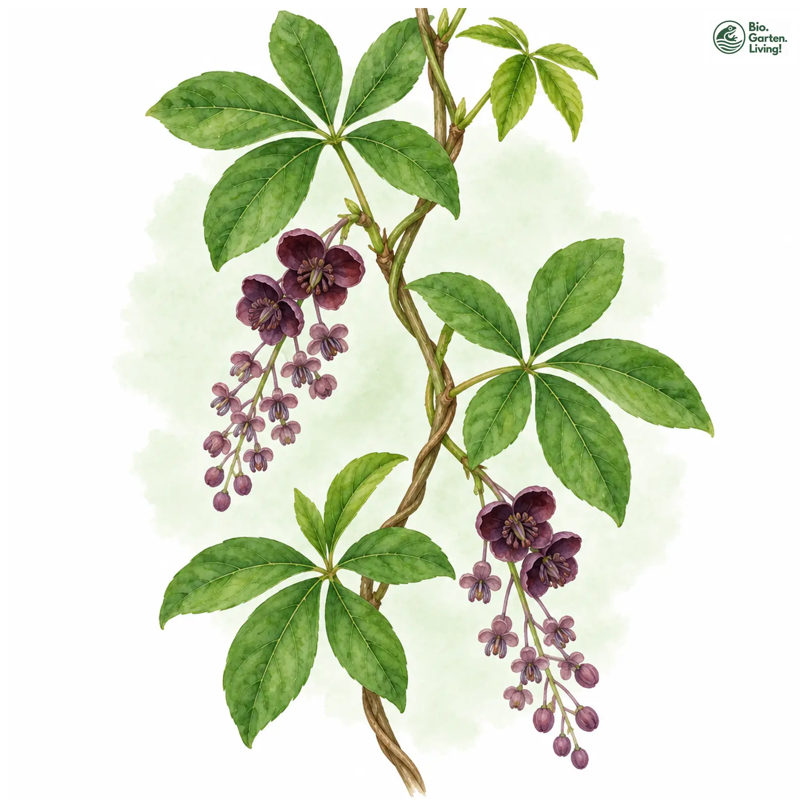 Aquarellzeichnung: Fingerblättrige Akebie (Akebia quinata)