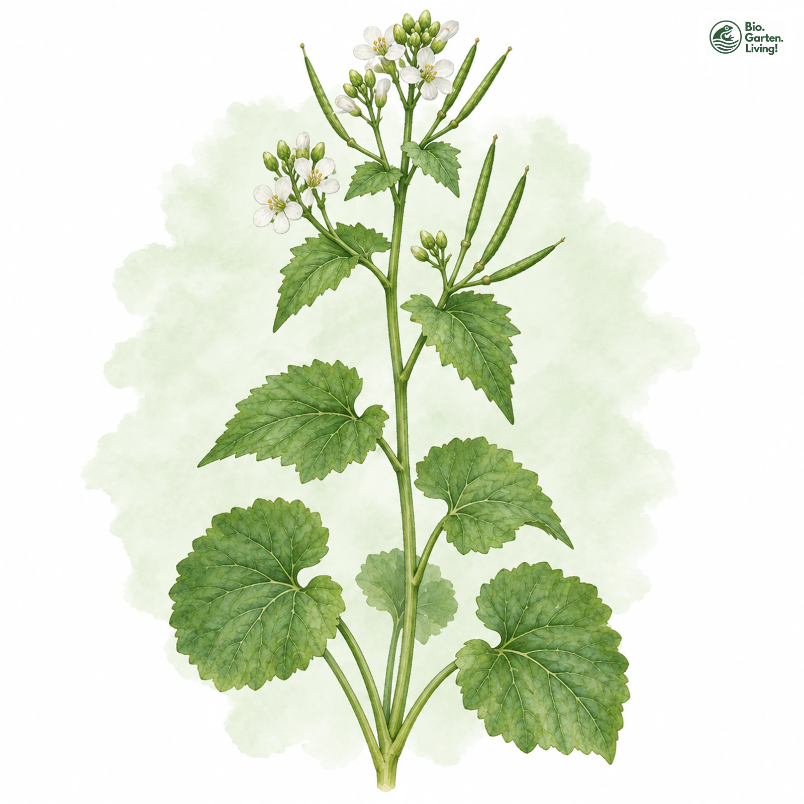 Aquarellzeichnung: Lauchhederich (Alliaria petiolata)
