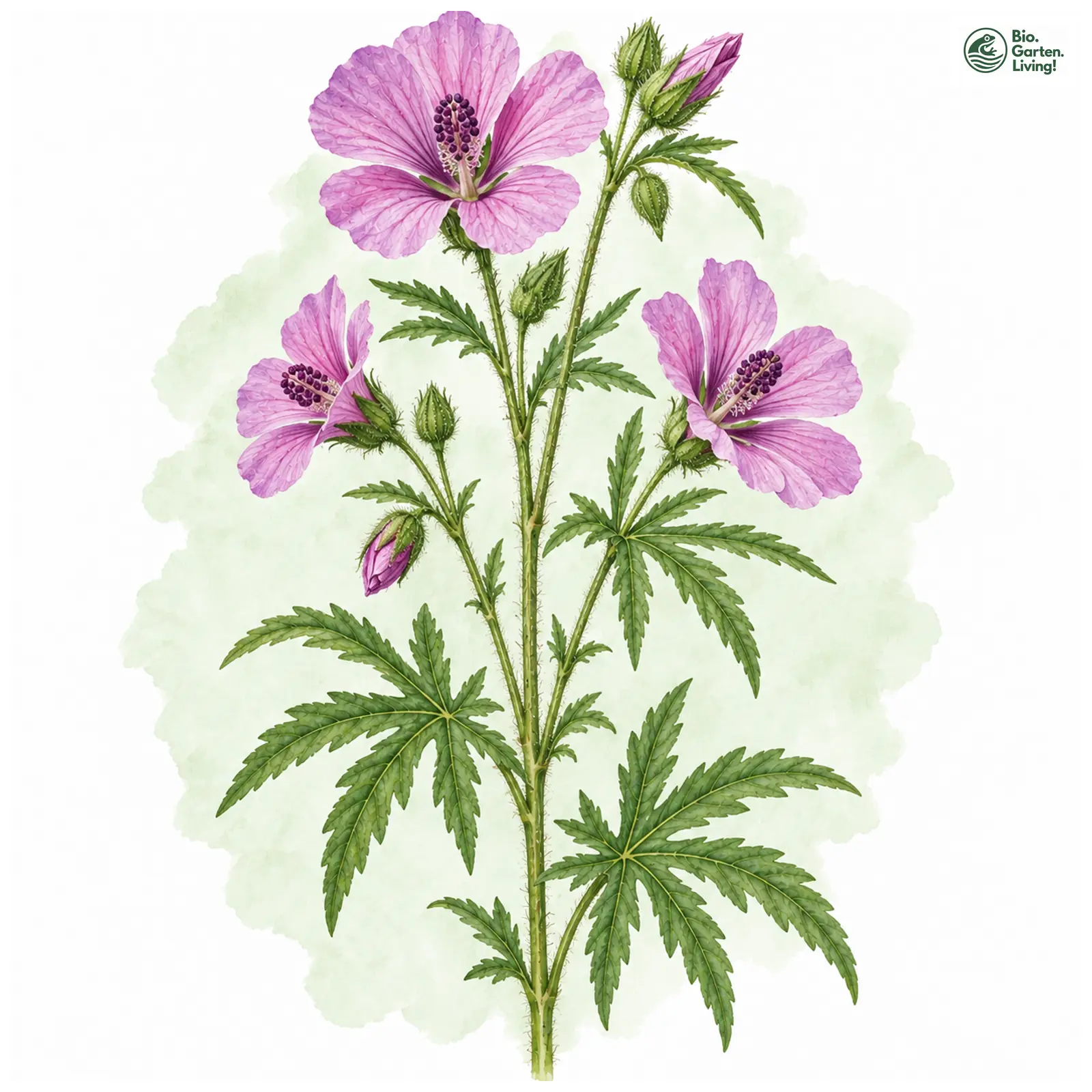 Aquarellzeichnung: Hanfblättriger Eibisch (Althaea cannabina)
