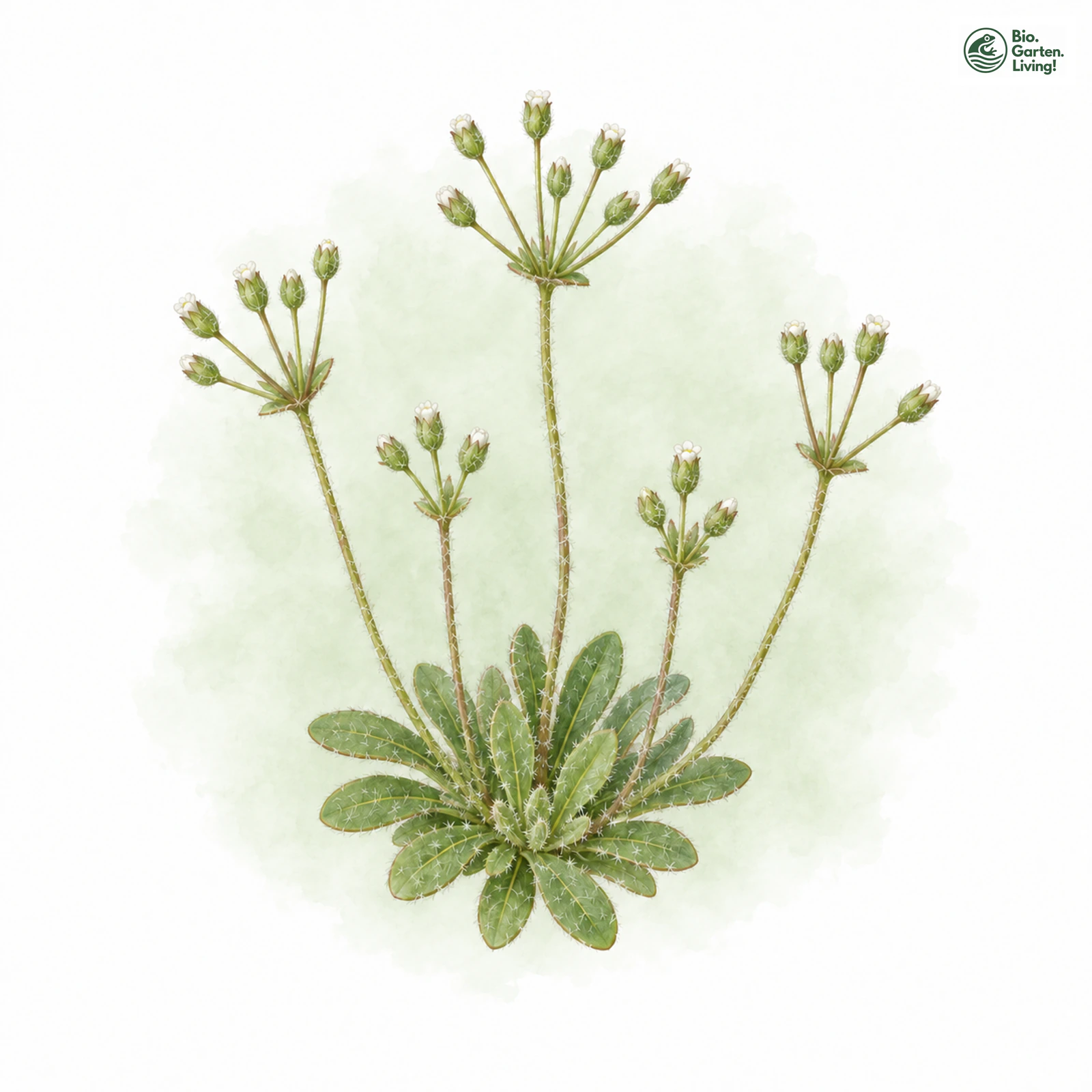 Aquarellzeichnung: Langstieliger Mannsschild (Androsace elongata)