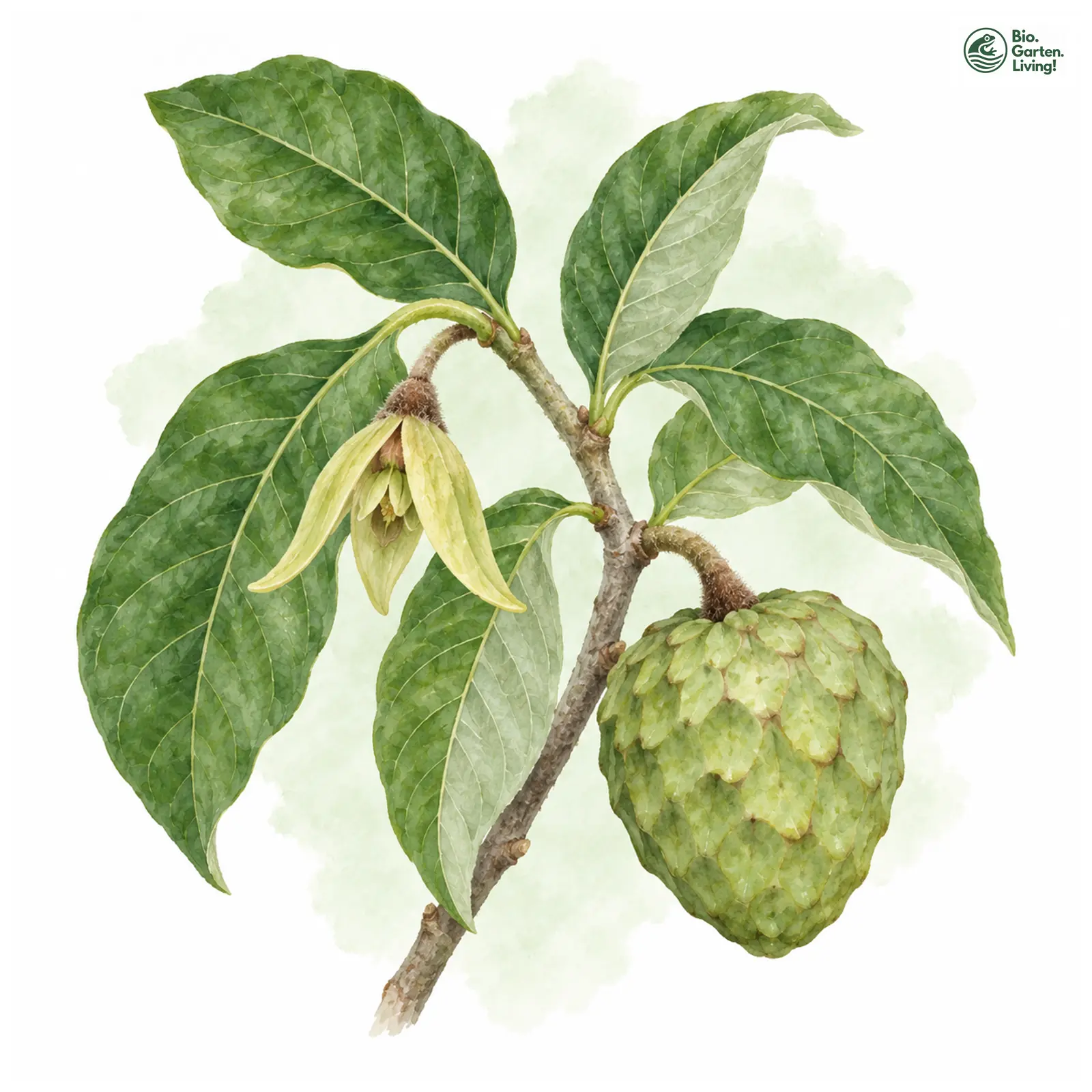Aquarellzeichnung: Cherimoya (Annona cherimola)