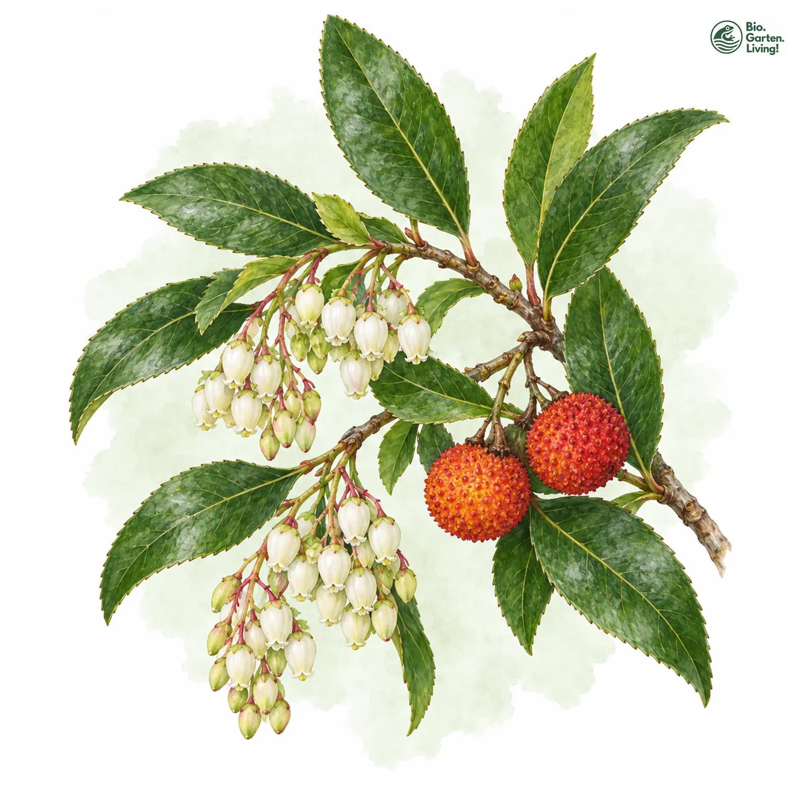 Aquarellzeichnung: Westlicher Erdbeerbaum (Arbutus unedo)