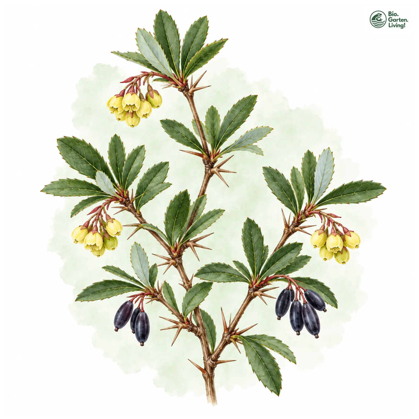 Aquarellzeichnung: Hookers Berberitze (Berberis hookeri)
