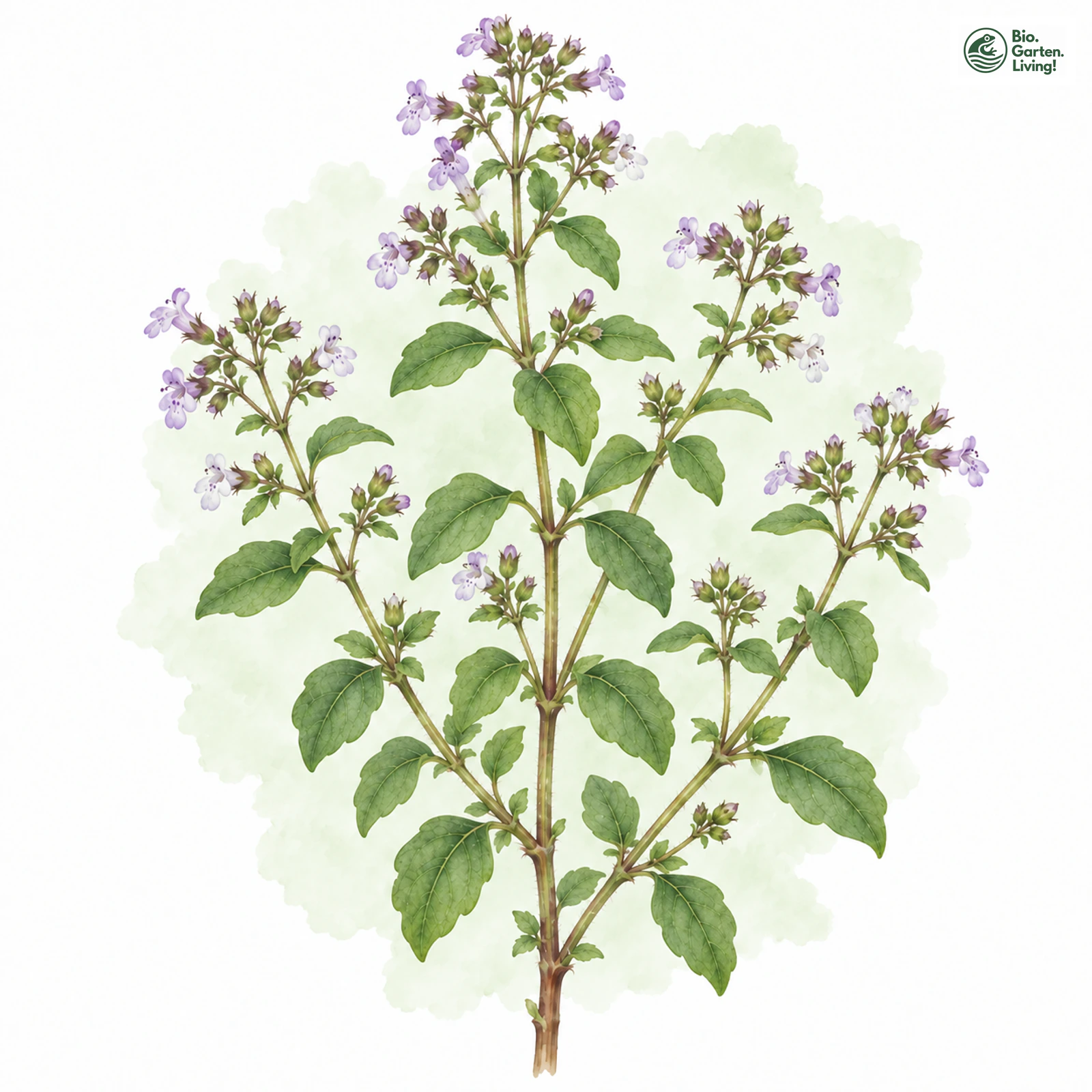 Aquarellzeichnung: Österreichische Bergminze (Calamintha foliosa)