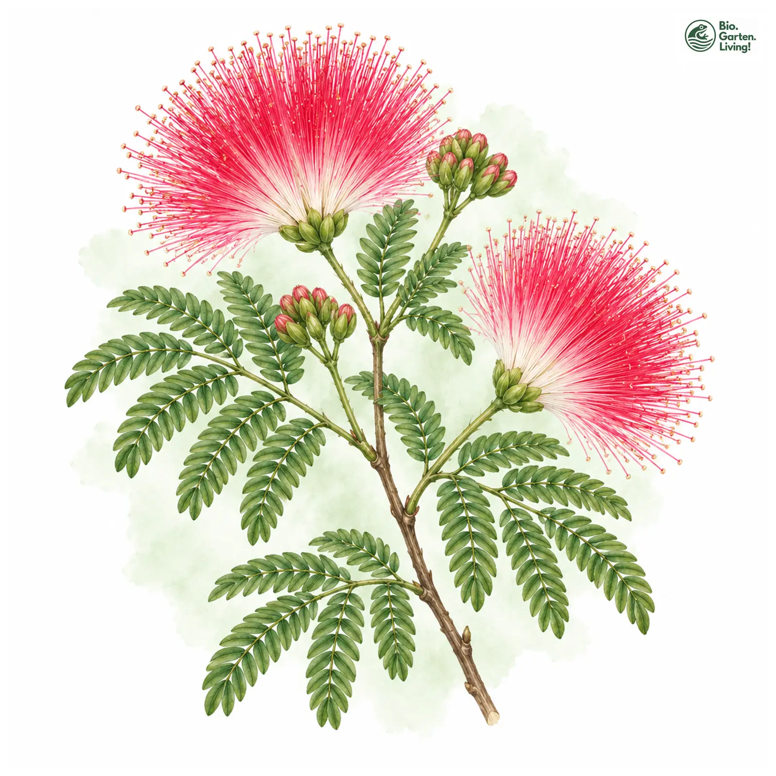 Aquarellzeichnung: Rosa Puderquastenstrauch (Calliandra surinamensis)
