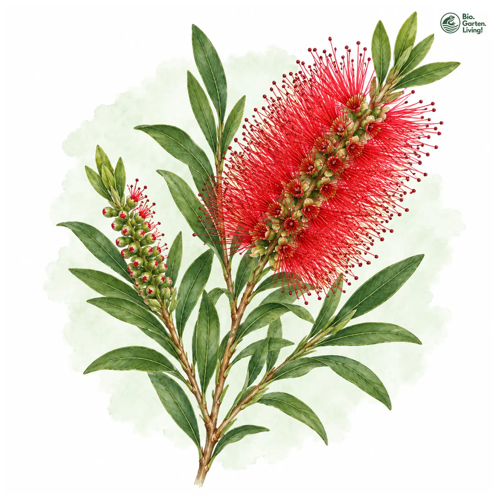Aquarellzeichnung: Karminroter Zylinderputzer (Callistemon citrinus)