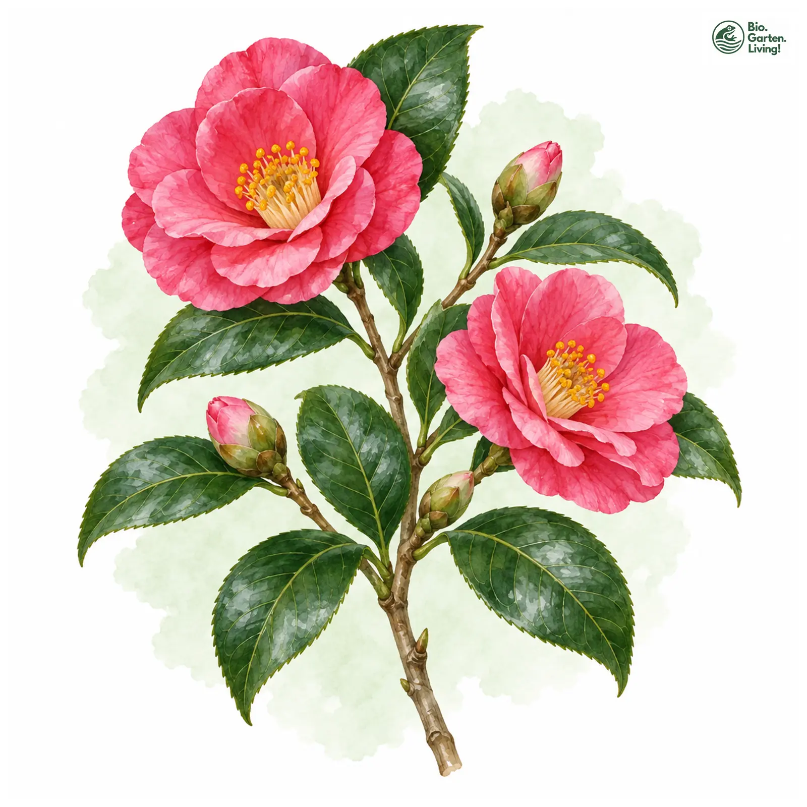 Aquarellzeichnung: Japanische Kamelie (Camellia japonica)