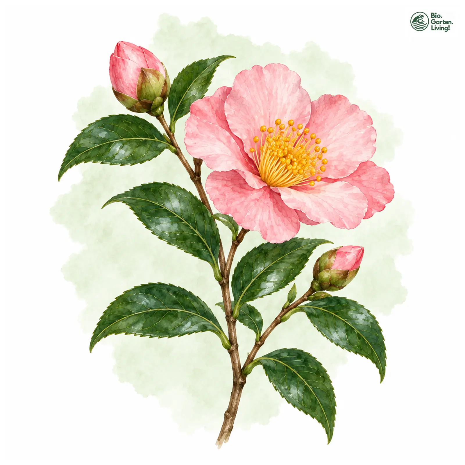 Aquarellzeichnung: Herbst-Kamelie (Camellia sasanqua)