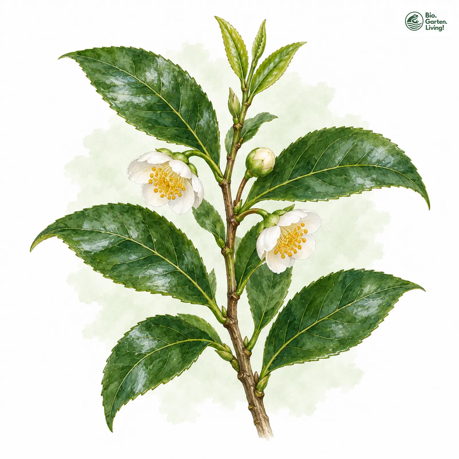 Aquarellzeichnung: Echter Tee (Camellia sinensis)