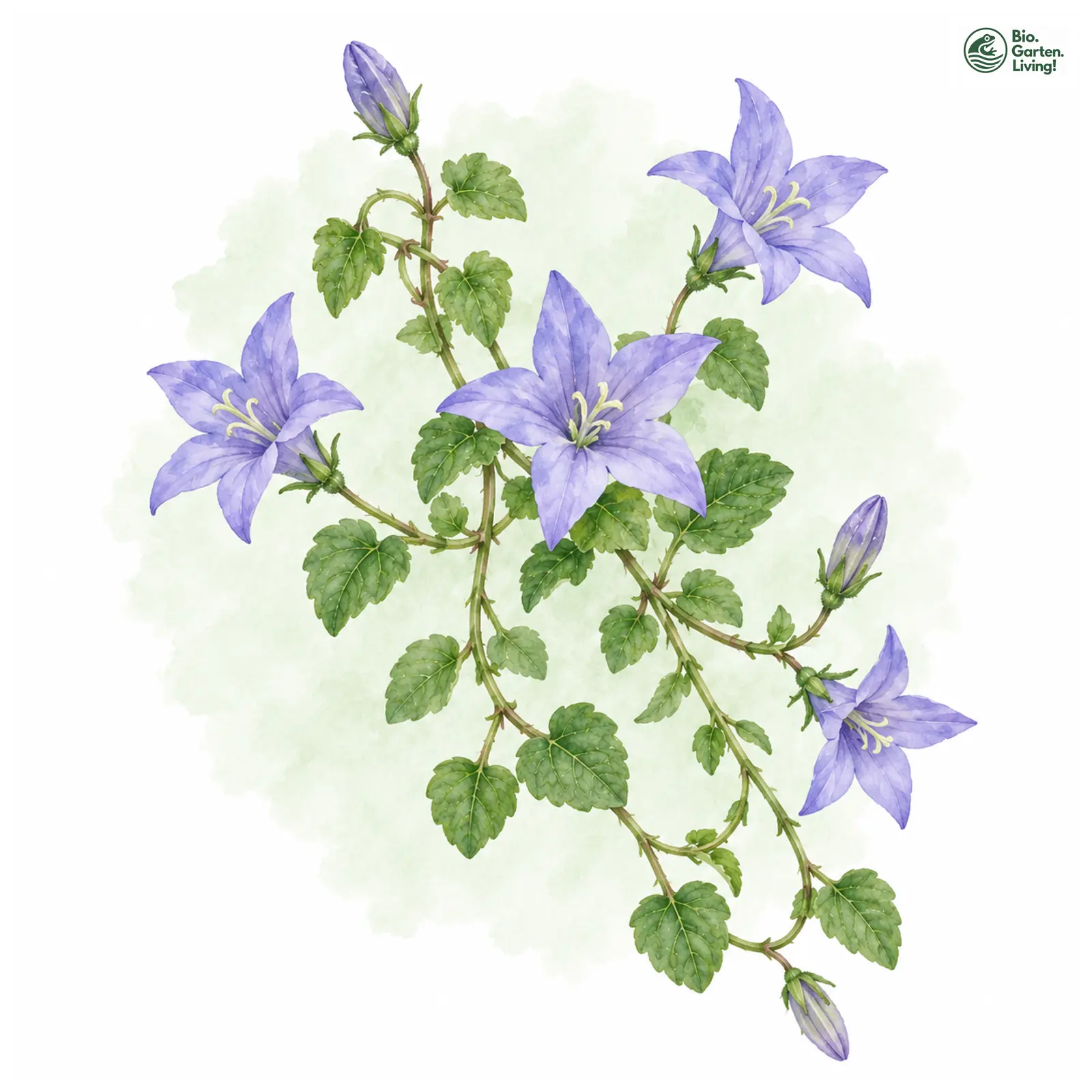 Aquarellzeichnung: Hängepolster-Glockenblume (Campanula poscharskyana)