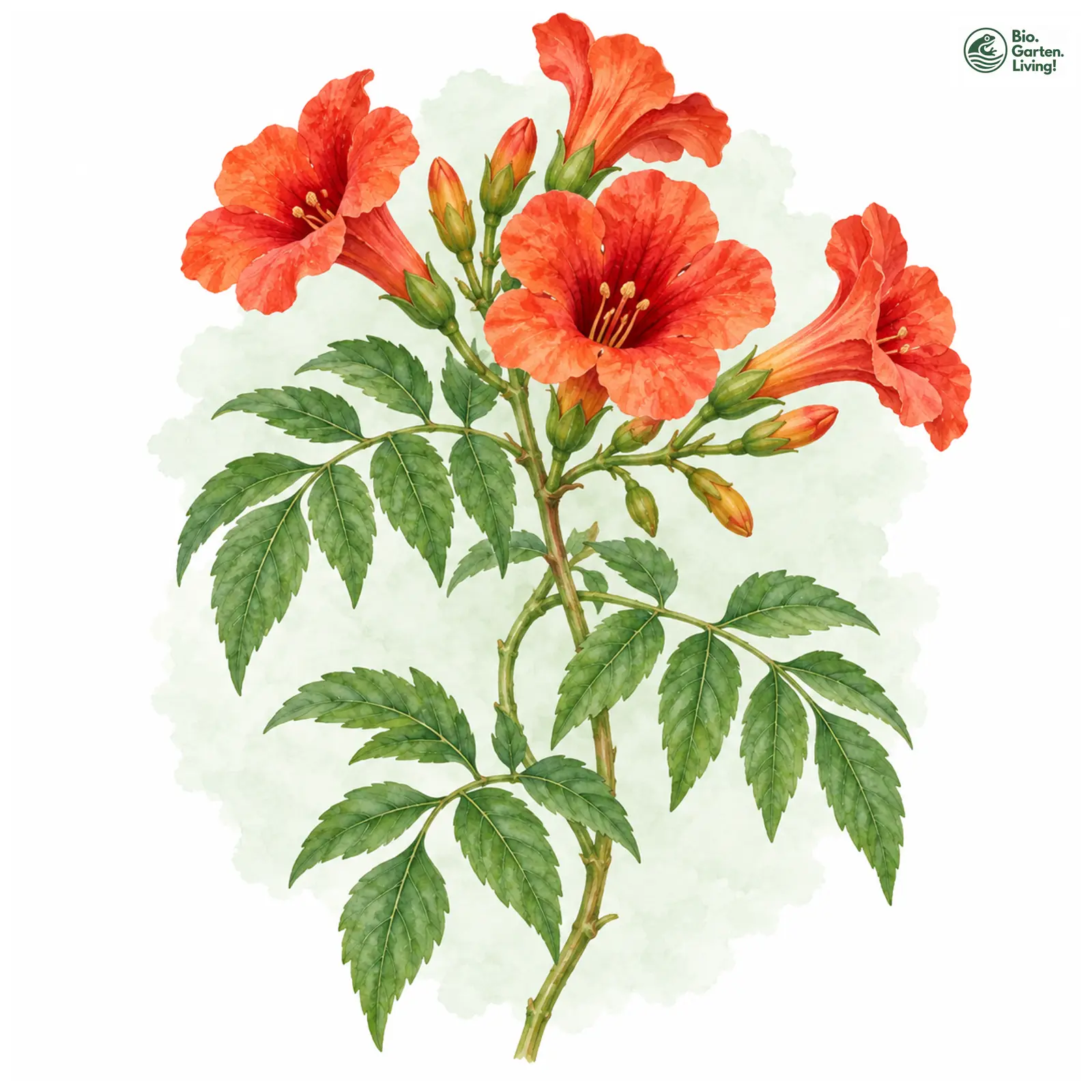 Aquarellzeichnung: Chinesische Klettertrompete (Campsis grandiflora)