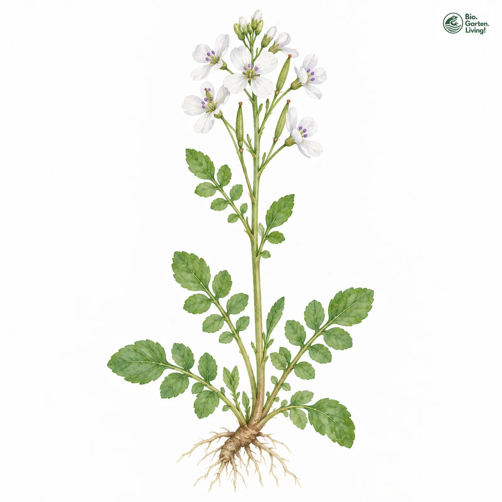 Aquarellzeichnung: Österreichisches Schaumkraut (Cardamine austriaca)