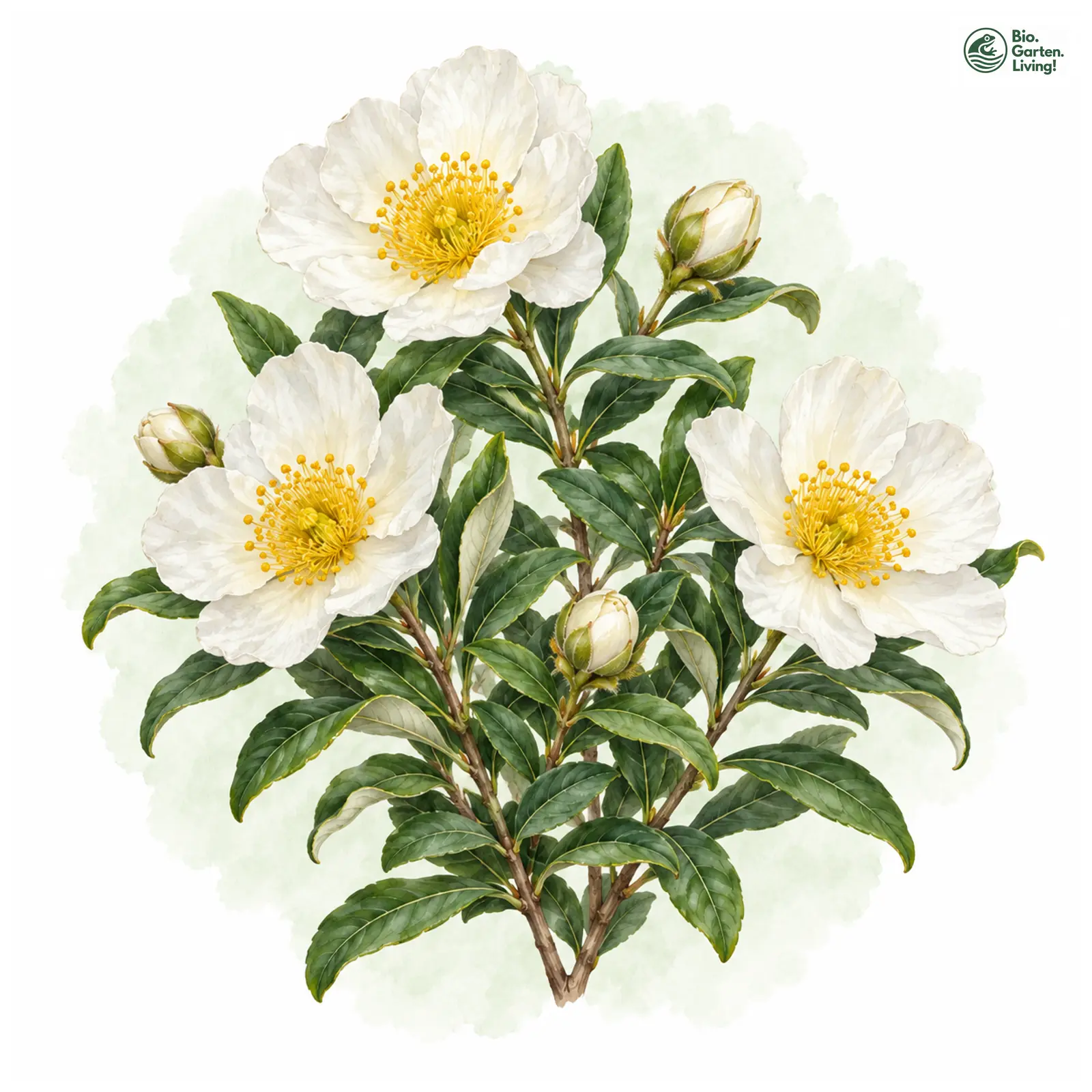 Aquarellzeichnung: Baum-Anemone (Carpenteria californica)