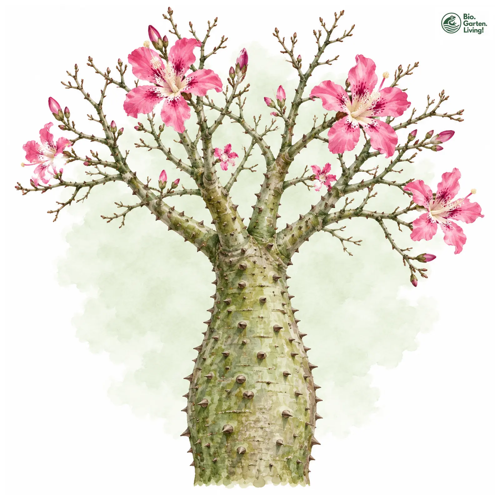 Aquarellzeichnung: Florettseidenbaum (Ceiba speciosa)
