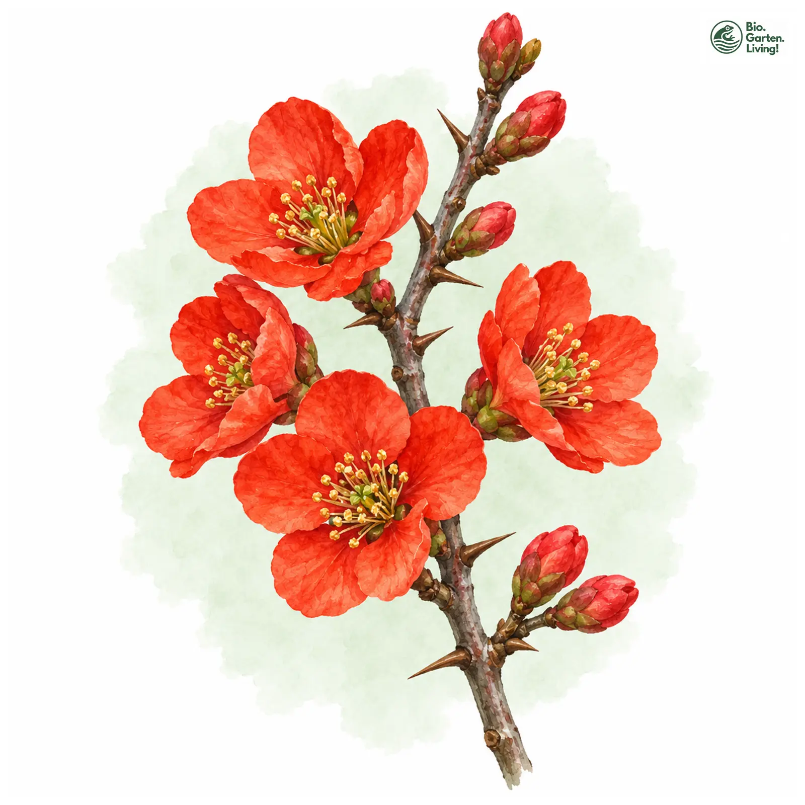 Aquarellzeichnung: Japanische Zierquitte (Chaenomeles japonica)