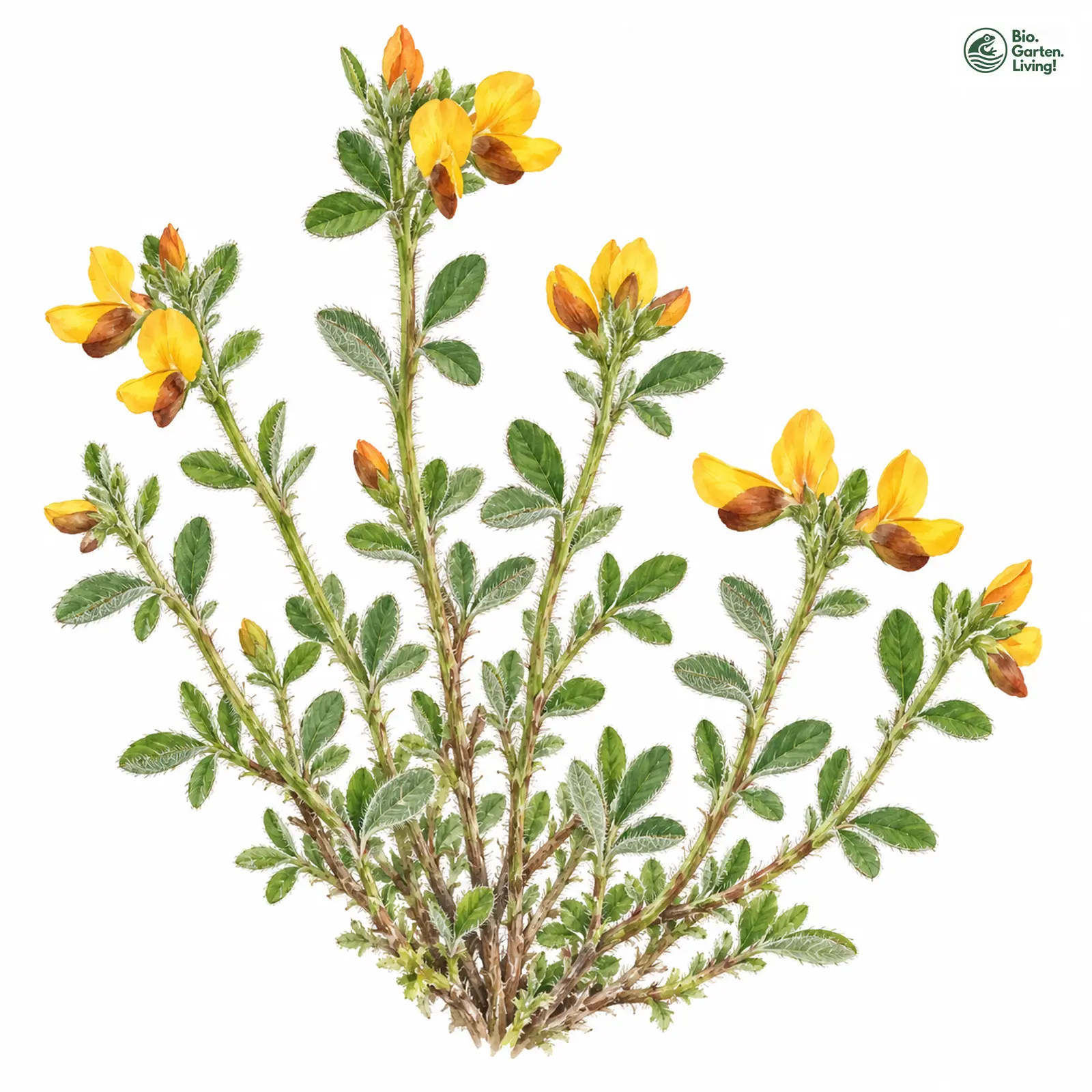 Aquarellzeichnung: Behaarter Zwergginster (Chamaecytisus hirsutus)