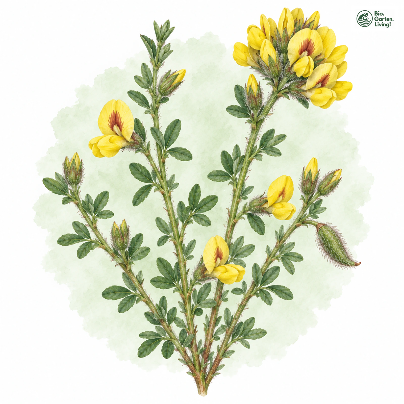 Aquarellzeichnung: Kopf-Zwergginster (Chamaecytisus supinus)