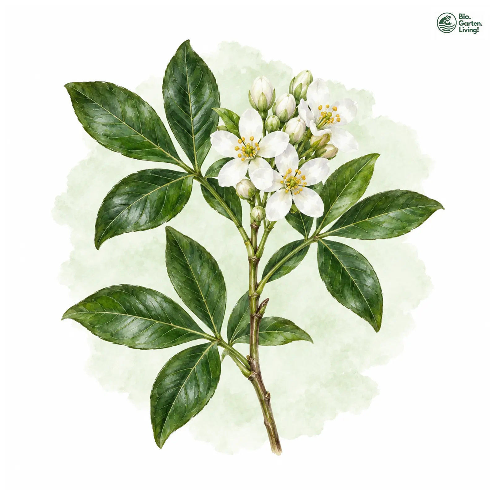 Aquarellzeichnung: Mexikanische Orangenblume (Choisya ternata)