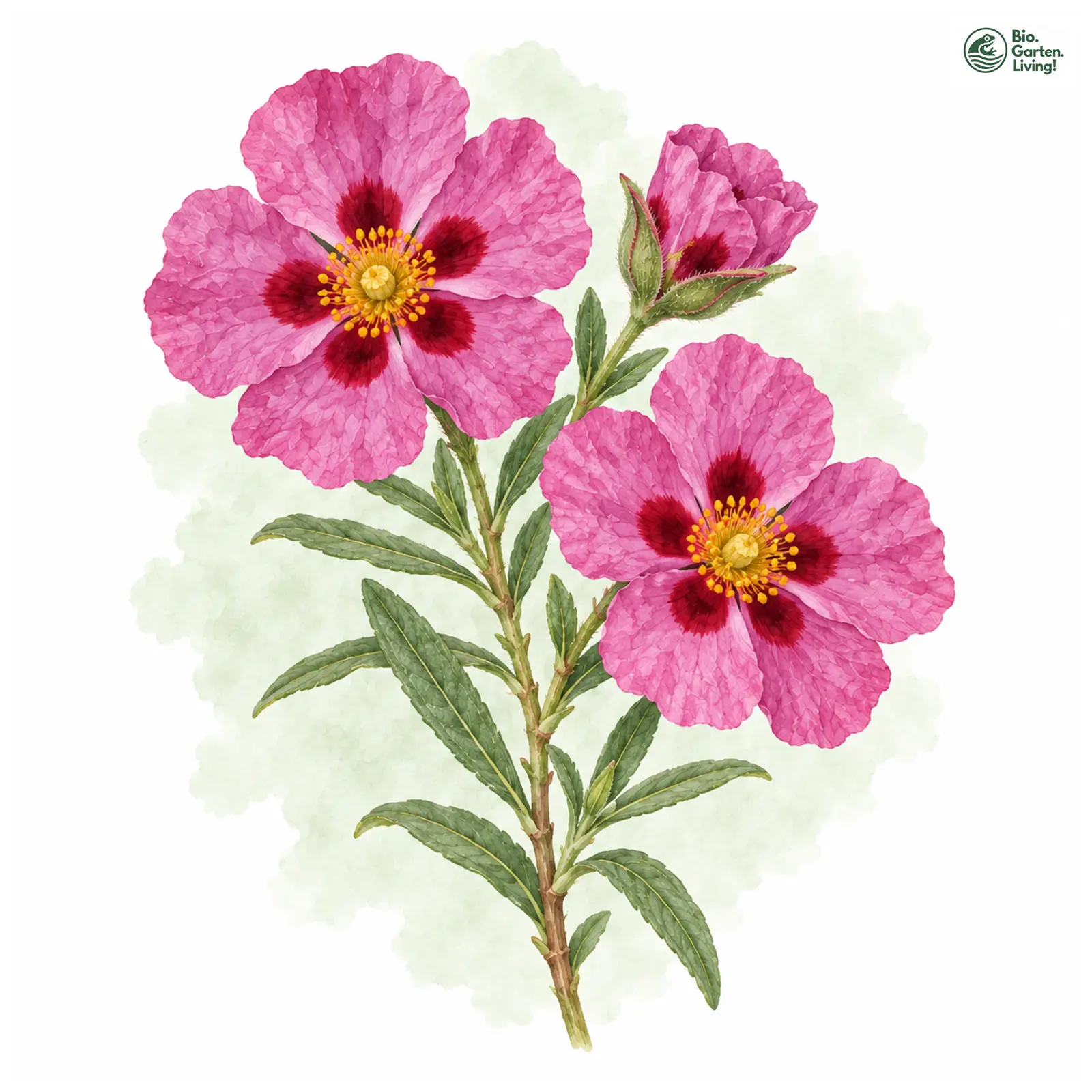 Aquarellzeichnung: Immgergrüne Zistrose (Cistus purpureus)