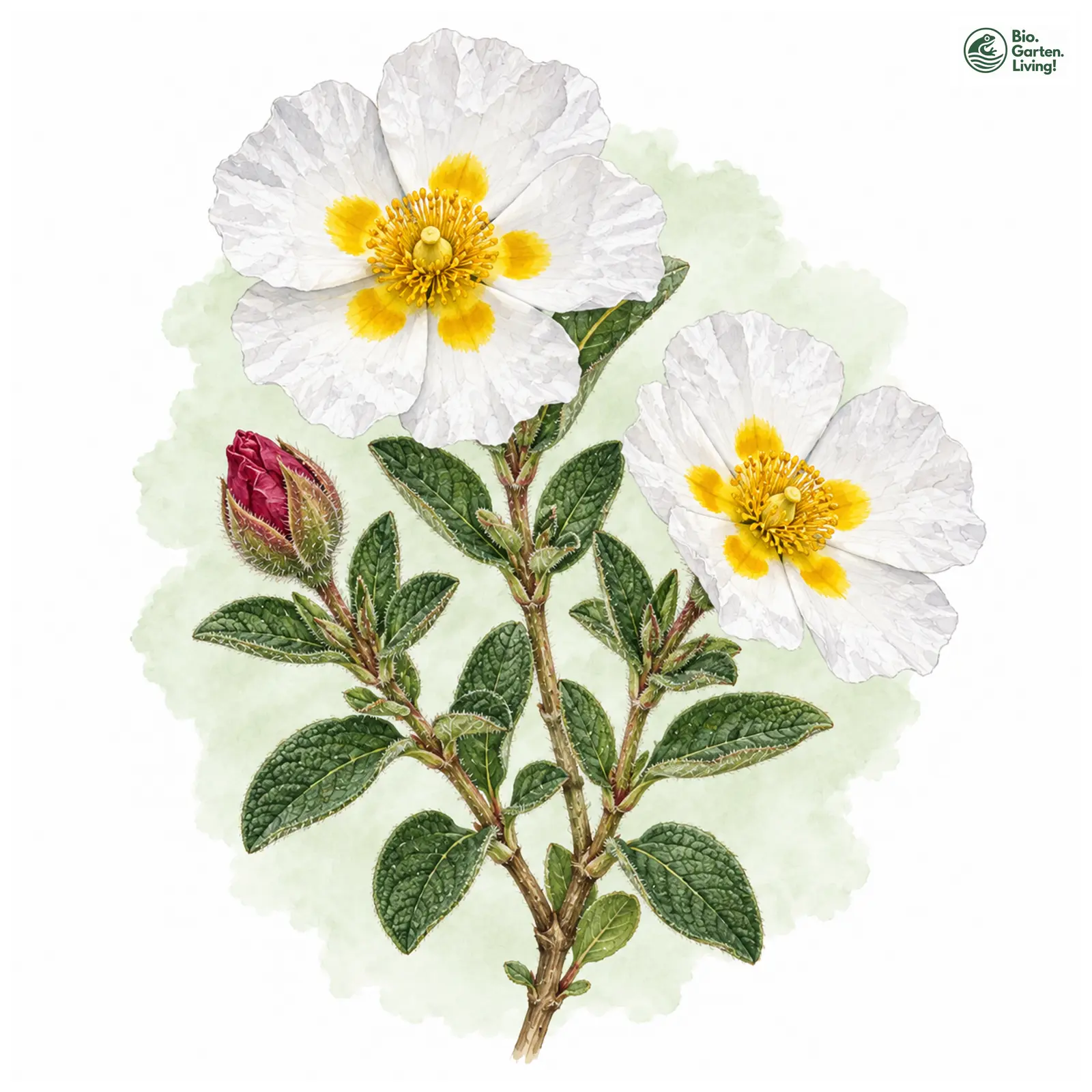 Aquarellzeichnung: Salbeiblättrige Zistrose (Cistus salviifolius)