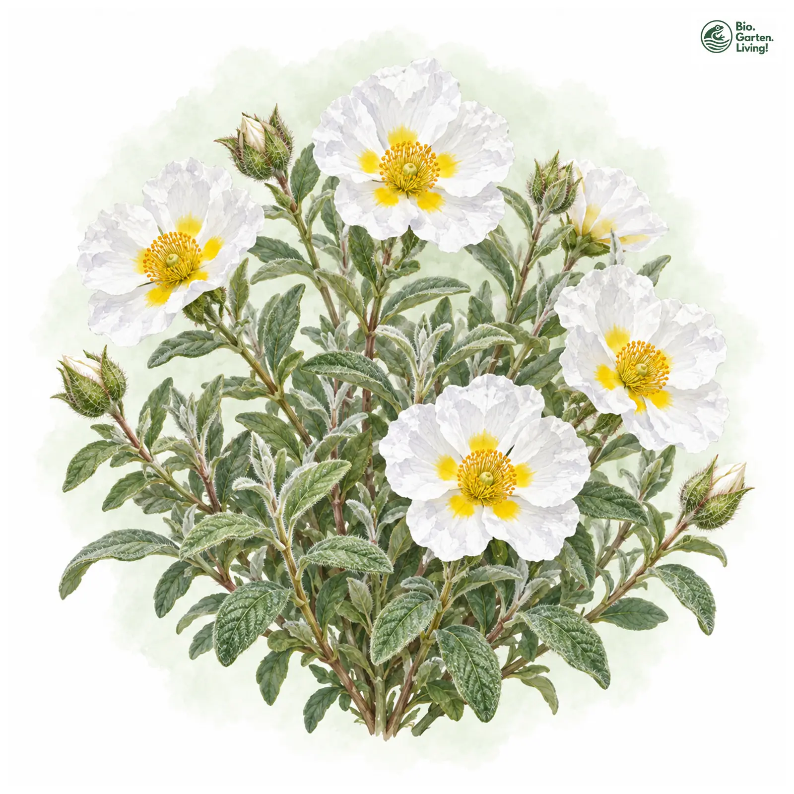 Aquarellzeichnung: Weiche Zistrose (Cistus × obtusifolius)