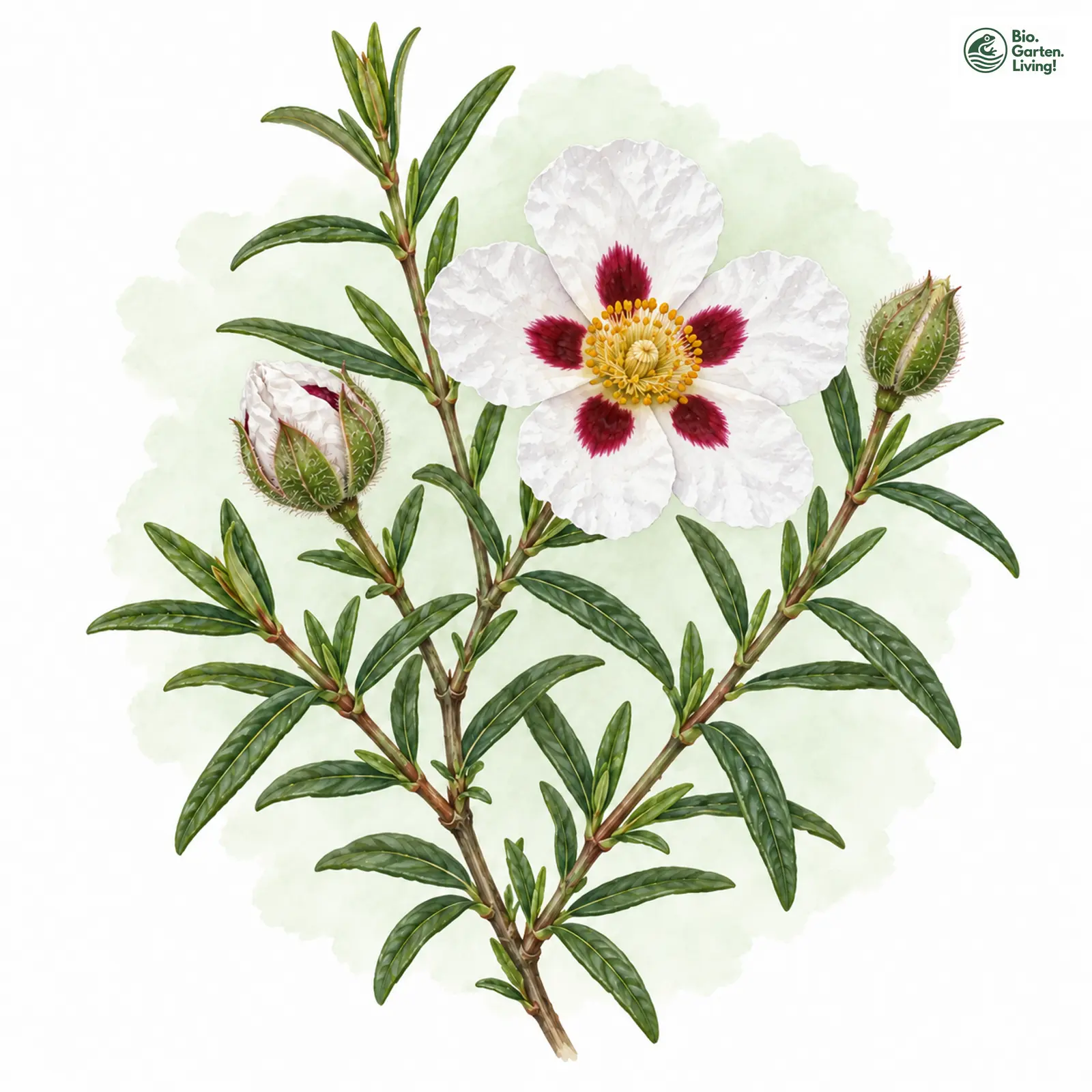 Aquarellzeichnung: Schmalblättrige Zistrose (Cistus × stenophyllus)